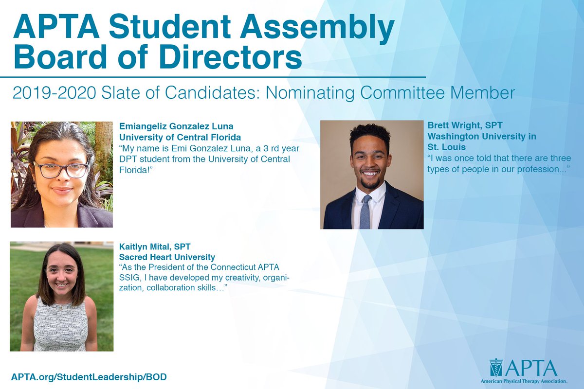 1️⃣ more week <a href="/APTASA/">Ana Paula Santana</a> !! 3️⃣ candidates you will definitely want to meet at <a href="/APTAnsc/">APTA NSC</a> - They are running for Nominating Committee Member &amp; would love to chat about involvement and leadership opportunities&amp; help you grow your #PTfam ! <a href="/brettwright15/">Brett Wright, PT, DPT</a> @KaitlynMitalSPT @Emigonzalez_SPT