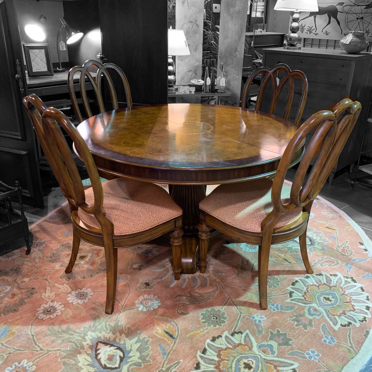 Some beautiful inlay on this table top!  It’s 51” in diameter and comes with these four upholstered chairs.  We have trouble keeping these big round dining tables in stock so don’t wait if you’ve been looking for one. [51x30] #rounddiningtable  #diningset #sohoconsignments