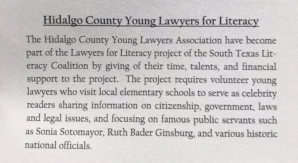 hidalgocyla's tweet photo. Tonight we were recognized by South Texas Literacy Coalition as a Community Literacy Star for our work on the Lawyers for Literacy Program! We are so honored and look forward to many more years of partnership and programming to STLC! https://t.co/IiGSMLsMbK