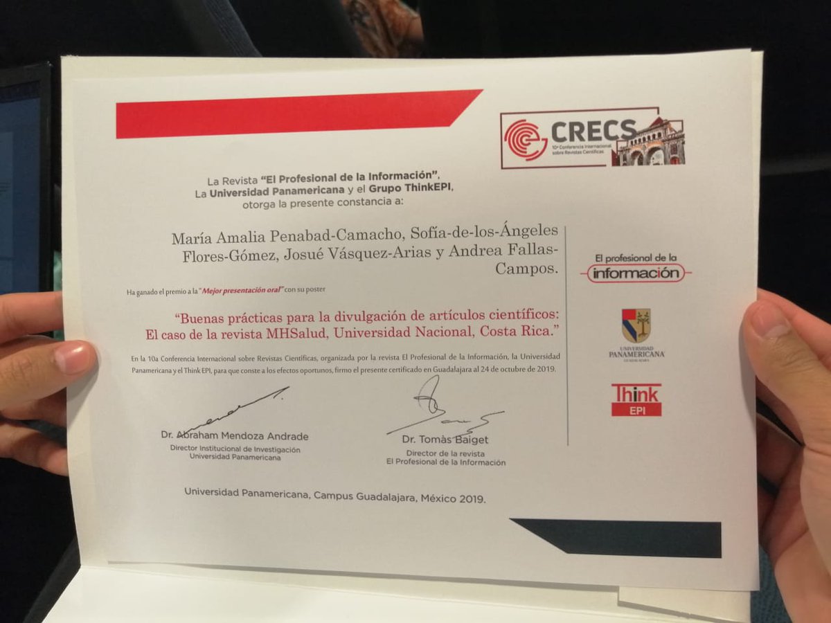 Revista_MHSalud's tweet photo. Celebramos que el póster de la @Revista_MHSalud ganó el premio a la mejor presentación oral en #CRECSGDL #journal #ComunidadUNACR https://t.co/kIMHzeBOvP