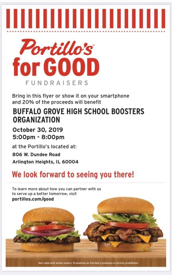 BGHSBoosters2's tweet photo. Save the date! No need to make dinner! Support the BGHS Bison Boosters next Wednesday, October 30 from 5-8pm at Portillo’s. Show the flyer or mention it when ordering! Dine in or take out!! Thanks in advance for your support!! #backthebison #nocook #portillos# @portilloshotdog https://t.co/vN0inR5Fgl