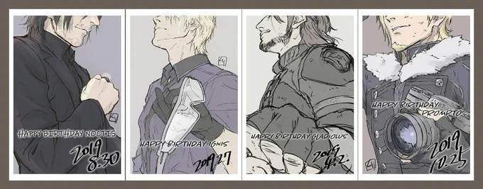 4人分できたので並べるとこんな感じ!みごとに色味描き味バラバラ( ;∀;)! #FFXV 