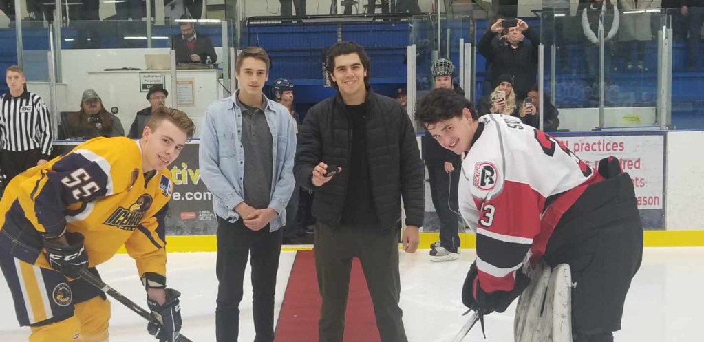 SemiLax's tweet image. Special thanks to @R_Sockeyes and @deltaicehawks for taking the time to honour Randy Ellis. @jacobstone29 and @JacobDowell10 taking the face off from 2 of Randy's boys, Aiden and Jared and wearing Rock jerseys during warm up.