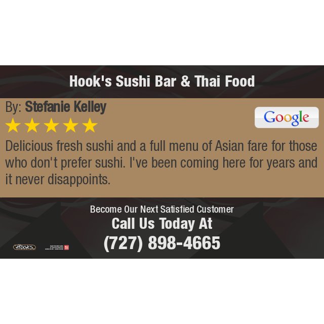 HooksSushi's tweet photo. 5 Star: Stefanie K. "Delicious fresh sushi and a full menu of Asian fare for those who don't prefer sushi. I've..." https://t.co/9U4cVv6tds https://t.co/Ksm41xVvsy