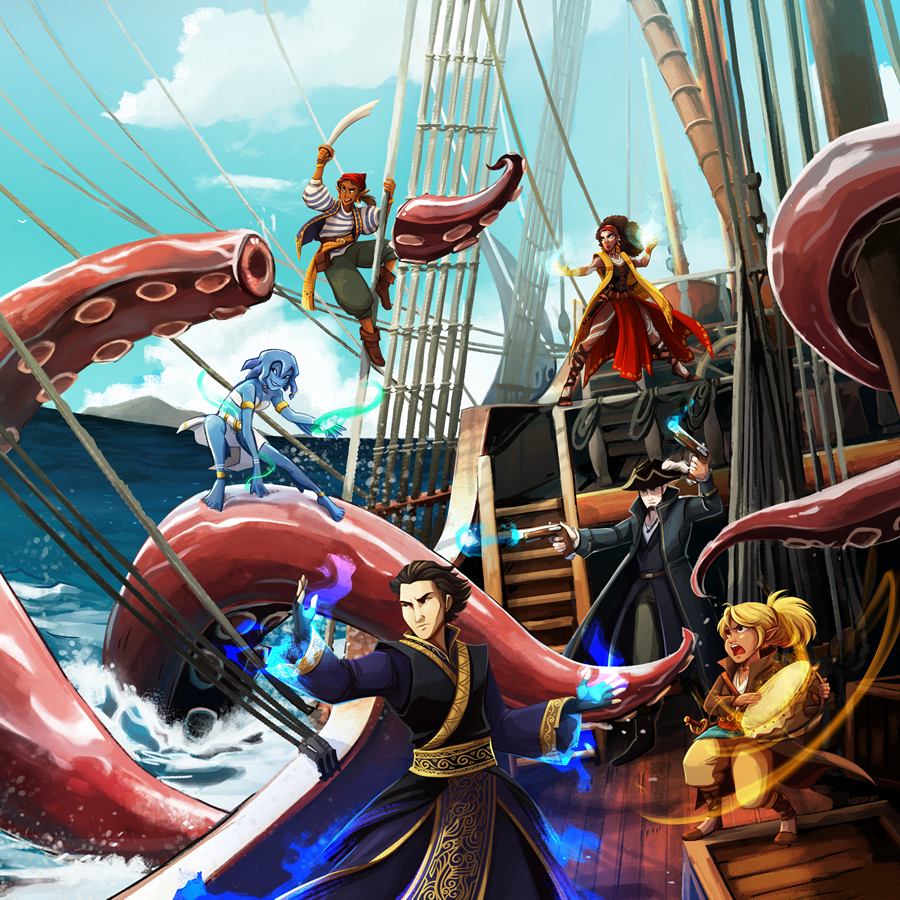 seasofvodari's tweet photo. Here's a preview of the updated cover for the Seas of Vodari book. It features some of our iconics fighting a kraken. #dnd #dnd5e #dungeonsanddragons #pirates #tabletogames #dndcharacterart #dndart #vodari https://t.co/fuzvCoT4RJ