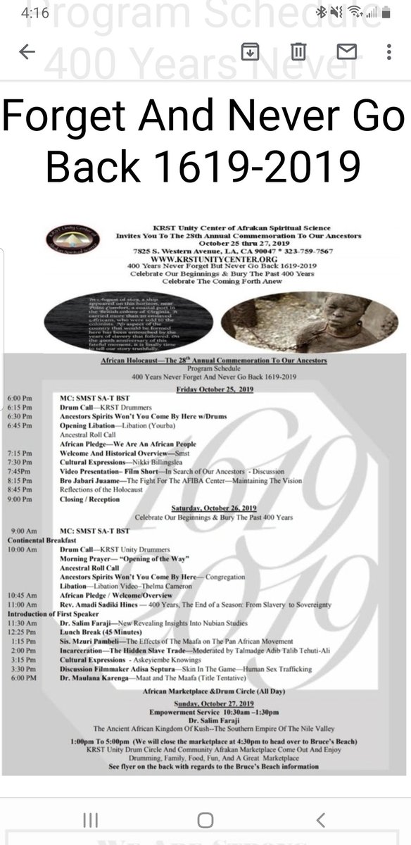 kzshabazz's tweet photo. #BlackLosAngeles 👉🏿African Holocaust: The 28th Annual Commemoration To Our Ancestors
Program Schedule 400 Years Never Forget And Never Go Back 1619-2019👈🏿
KRST Unity Center https://t.co/cAlyKuAHmr