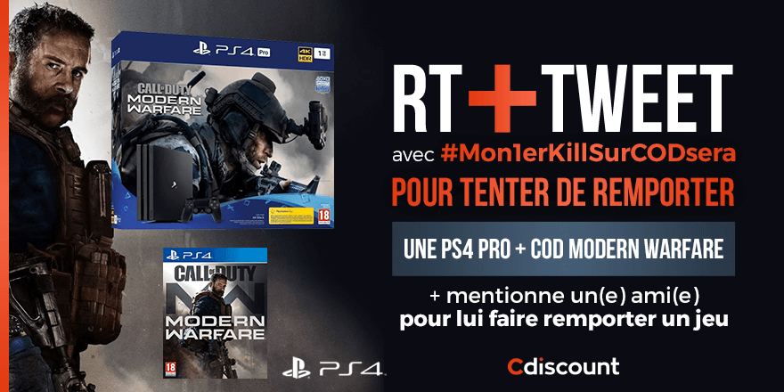 Cdiscount's tweet image. 🎁 #Concours
La sortie du nouveau COD #ModernWarfare ça se fête : bit.ly/2BwgWar

🔸 RT + TWEET avec #Mon1erKillSurCODsera pour tenter de remporter ce pack 
🔸 Mentionne ton 1er kill pour lui faire gagner un jeu en plus

⏰ TAS 31/10 
Règlement : bit.ly/2oclK1U
