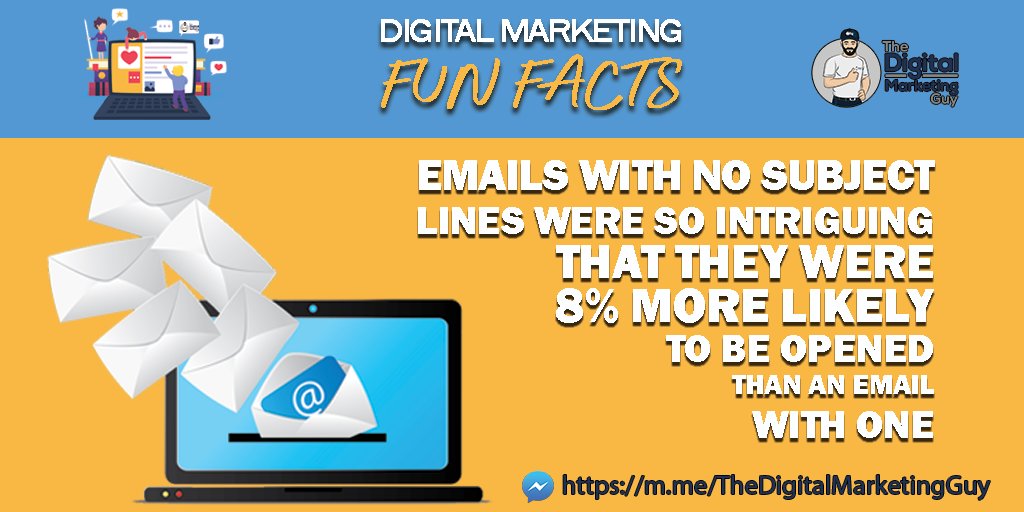 #DigitalMarketingFunFacts - Emails with no subject lines were so intriguing that they were 8% more likely to be opened than an #email with one.

#digitalmarketingtips #digitalmarketingstrategy   #digitalmarketingstats #Digitalmarketingservicesforsmallbusiness #DigitalMarketingROI