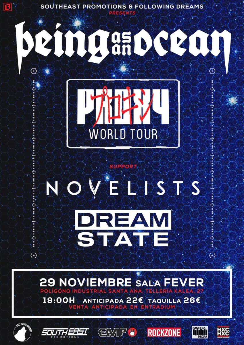 Tras encabezar el Never Say Die de Impericon el año pasado <a href="/beingasanocean/">𝐁𝐄𝐈𝐍𝐆 𝐀𝐒 𝐀𝐍 𝐎𝐂𝐄𝐀𝐍</a>  vuelven a España acompañados de las bandazas @novelists_fr  y <a href="/DreamStateUK/">DREAM STATE</a> 

Oportunidad única de ver a estas bandas en la zona 🐺

📅 29 Noviembre, Bilbao, Sala Fever

entradium.com/events/being-a…