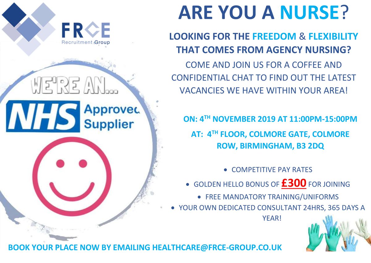 FRCEGroup's tweet photo. FRCE Nursing are hosting an Open Day on Monday 4th Nov, in Birmingham! Are you looking for a new role or extra shifts on the run up to Christmas, then give us a call on 0203 846 7111 (option 6) and book your place!#nurses #nursing #vacancies #openday #birmingham #agency #rmn #rgn https://t.co/p9ZRi7P6EP