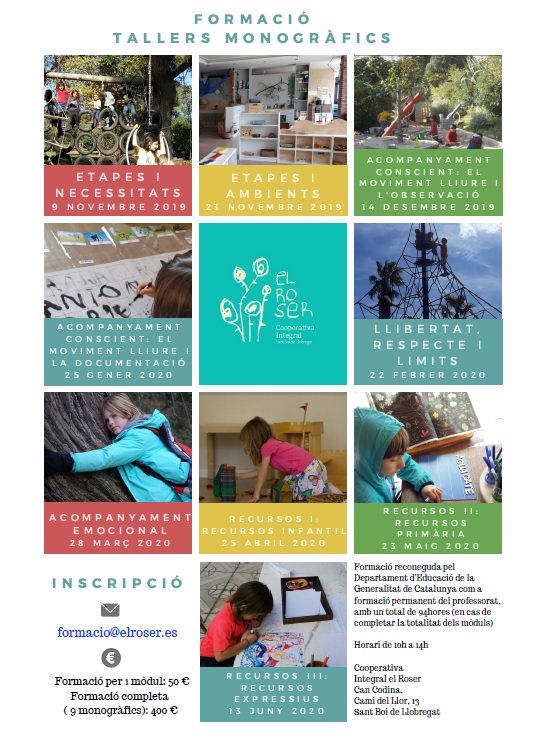 Donem un cop de mà difonent projectes de creixement col·lectiu al #BaixLlobregat com la Cooperativa Integral el Roser, una escola viva i activa.

Faran cursos per compartir experiències en educació viva, límits, respecte, acompanyament conscient...

🧐 Cal inscripció prèvia