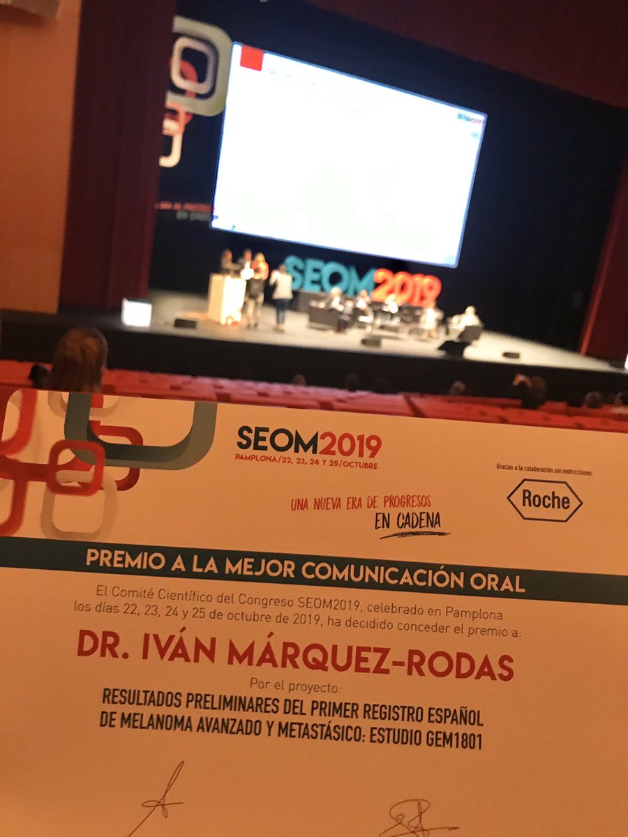 El Dr. Ivan Márquez-Rodas premiado por la Mejor Comunicacion Oral en el Congreso SEOM 2019. El GEM está de enhorabuena por el liderazgo del Dr. Márquez-Rodas y el alto nivel investigador de todos los colaboradores del estudio GEM 1801 #SEOM19