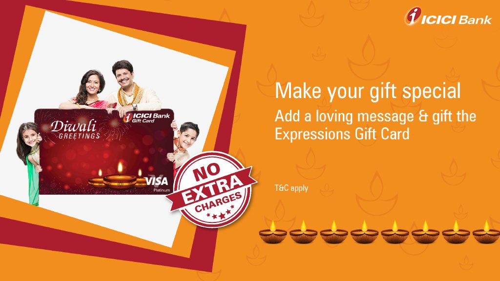 ICICI Bank al Twitter: "#ThisFestiveSeason, give your greetings a  personalised touch with a customised message, only with the  #ICICIBankExpressionsGiftCard. Make your family &amp; friends feel special  with the #GiftOfChoice with #ICICIBank. Visit: