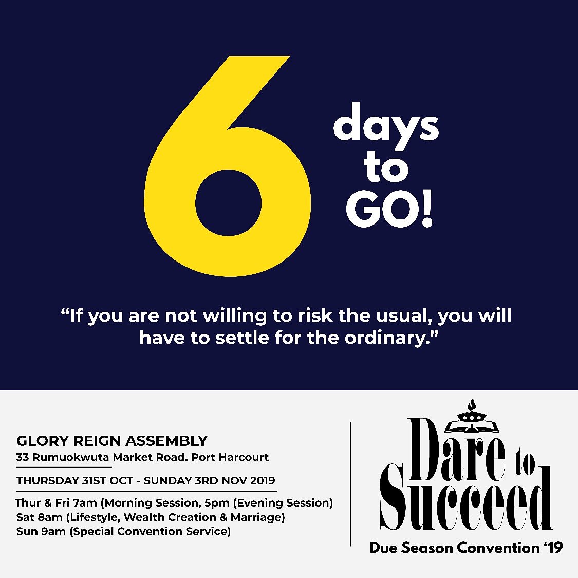 dueseason20's tweet photo. 6 Days to GO! 
"If you are not willing to risk the usual,  you will have to settle for the ordinary"
#DueSeasonConvention #DareToSucceed https://t.co/v4EsQE2e1G