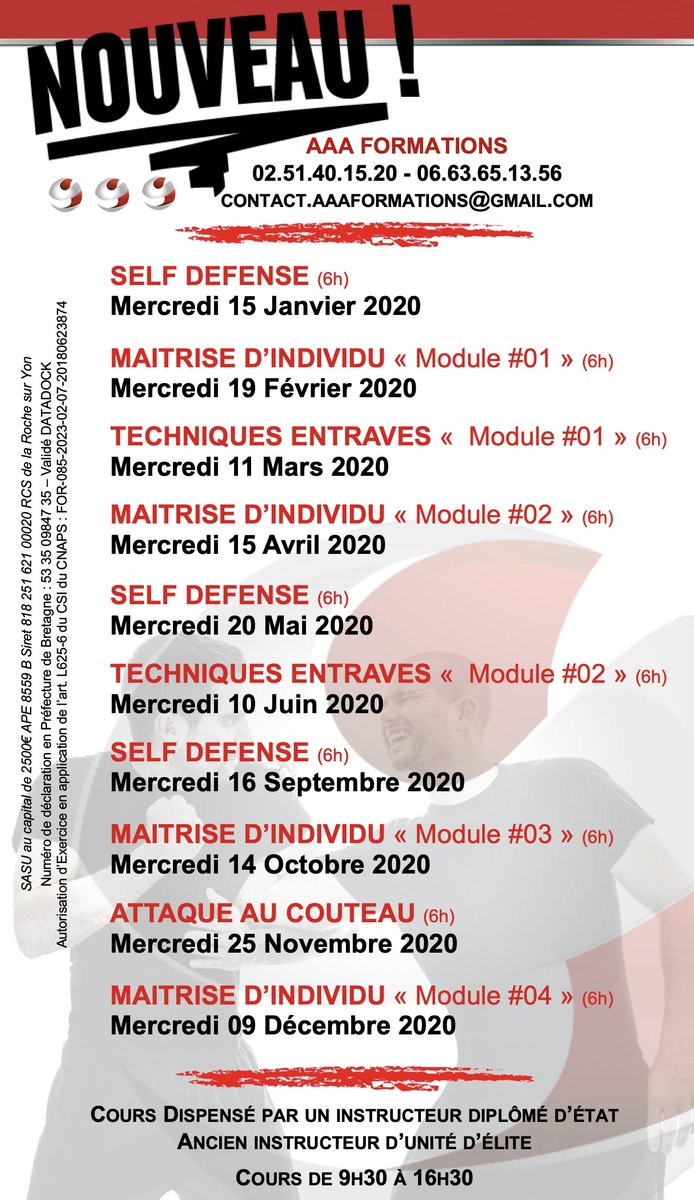 Dans le cadre de son développement de proposition adaptée au personnel des métiers de la sécurité privée, forces de l'ordre #AAAFORMATIONS met en place avec un instructeur diplômé d'état et ancien instructeur d'unité d'élite des séances sûr toute l'année 2020