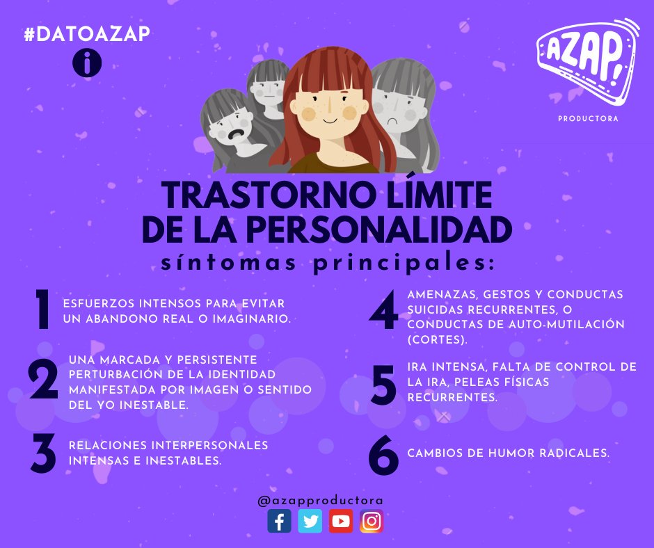 AzapProductora's tweet photo. El trastorno límite de la personalidad afecta la manera en la que te sientes sobre ti mismo, en la que te relacionas con los demás y en la que te comportas. 🚶‍♀
👉 ¡Síguenos e infórmate! 🗨👁
Instagram y Twitter: @azapproductora
Youtube: Azap Productora
#borderline #MIRRORS https://t.co/fp219PUyxE