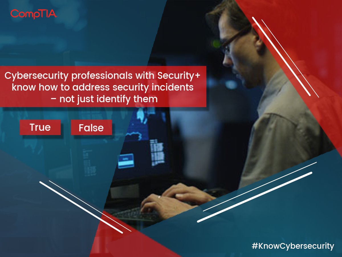 CompTIAIndia's tweet image. #ContestAlert #Question4 
CompTIA’s Security+ ensures the employer of your competence for resolving a wide range of Cybersecurity Issues. 
But is this give fact True or False? 
Share your answers &amp;amp; win a surprise gift 
Hint - bit.ly/2poeC2L
#KnowCybersecurity #Contest