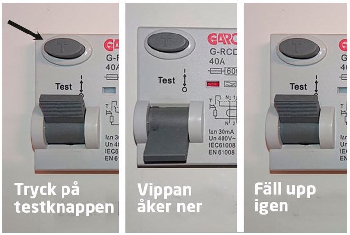 I helgen är det dags att ställa om till vintertid. Då testar man samtidigt sina jordfelsbrytare. Det är sen gammalt. Följ instruktionen enligt bild!