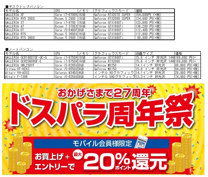 ドスパラ川崎店 على تويتر ドスパラ川崎店 パソコン在庫情報 本日すぐにお持ち帰り可能な即納パソコンはこちら 画像参照 当日限りで取り置きも可能です キャッシュレス決済で5 還元 更に今なら最大 ポイント還元実施中 気になる商品がございましたら お