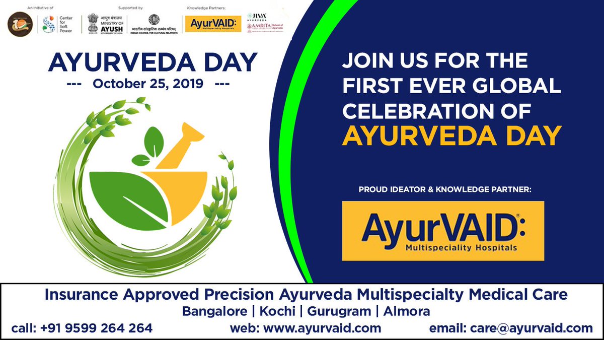 We, at AyurVAID congratulate and heartily greet each one of you on Ayurveda Day, which is being celebrated today in over 30+ countries &amp; 50+ locations across the globe.

Pledge with us!

#Ayurveda #Ayurvedaday #Ayurvedaday2019 #AD2019 #CentreforSoftPower #MinistryofAyush #ICCR