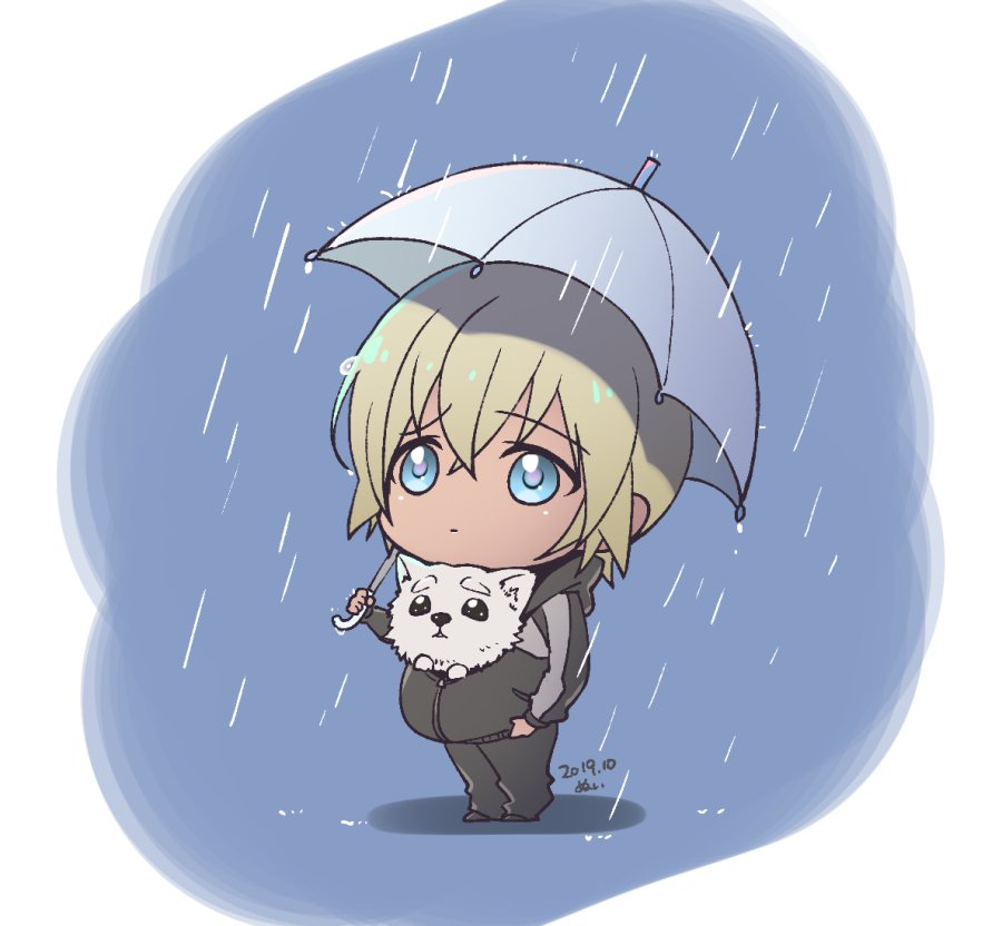 1boy male focus umbrella blonde hair blue eyes chibi rain  illustration images