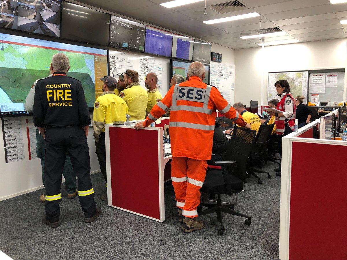 All NSW Emergency Services and personnel from QLD, WA and SA working together at Glen Innes Fire Control on dozens of fires ahead of dangerous weather conditions tomorrow #bushfires #NSWRFS