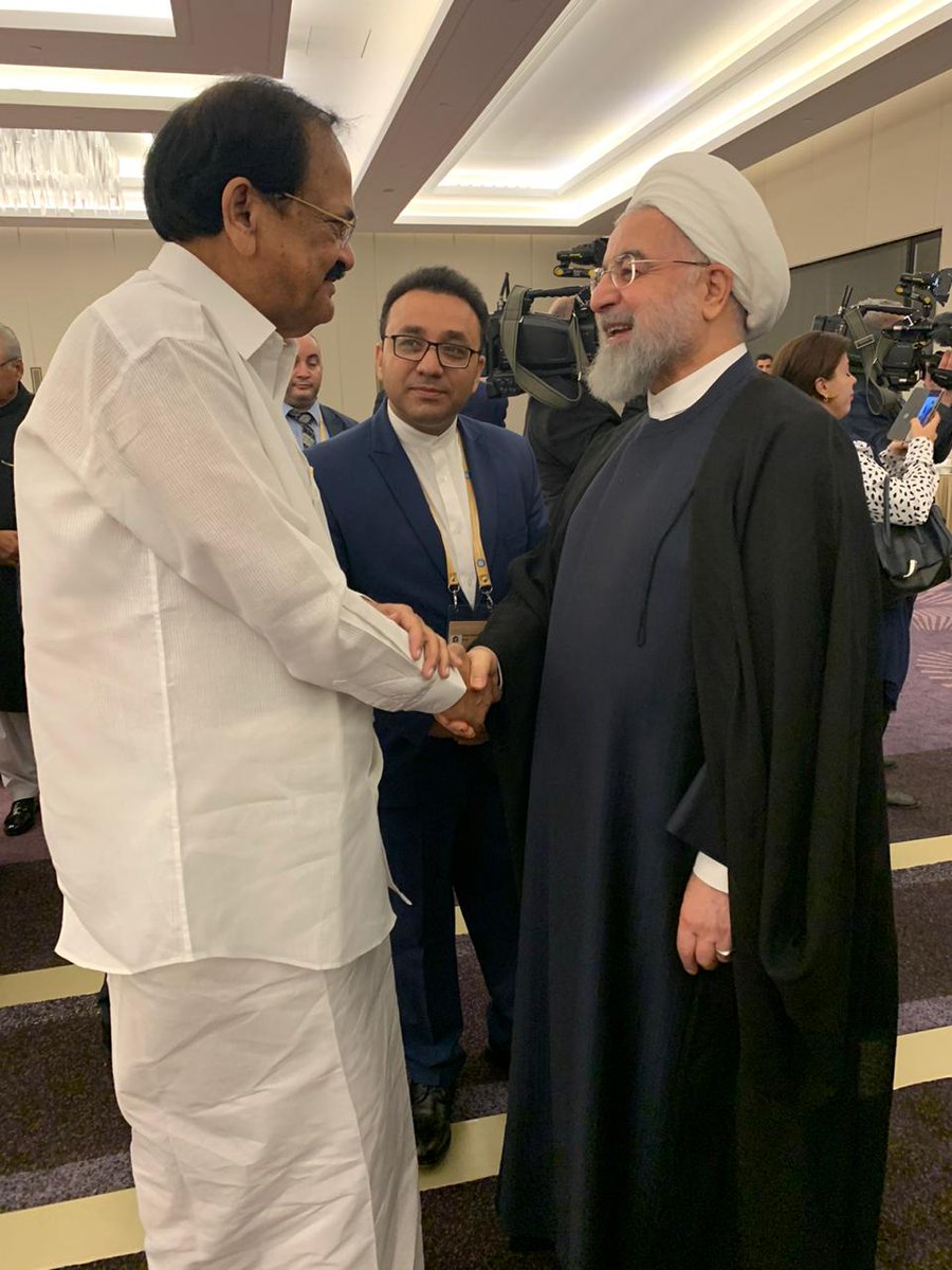 The Vice President, Shri M. Venkaiah Naidu interacting with the President of #Iran, Mr. Hassan Rouhani on the sidelines of the #NAMSummit in #Baku, #Azerbaijan today. #NAM #NonAlignedMovement