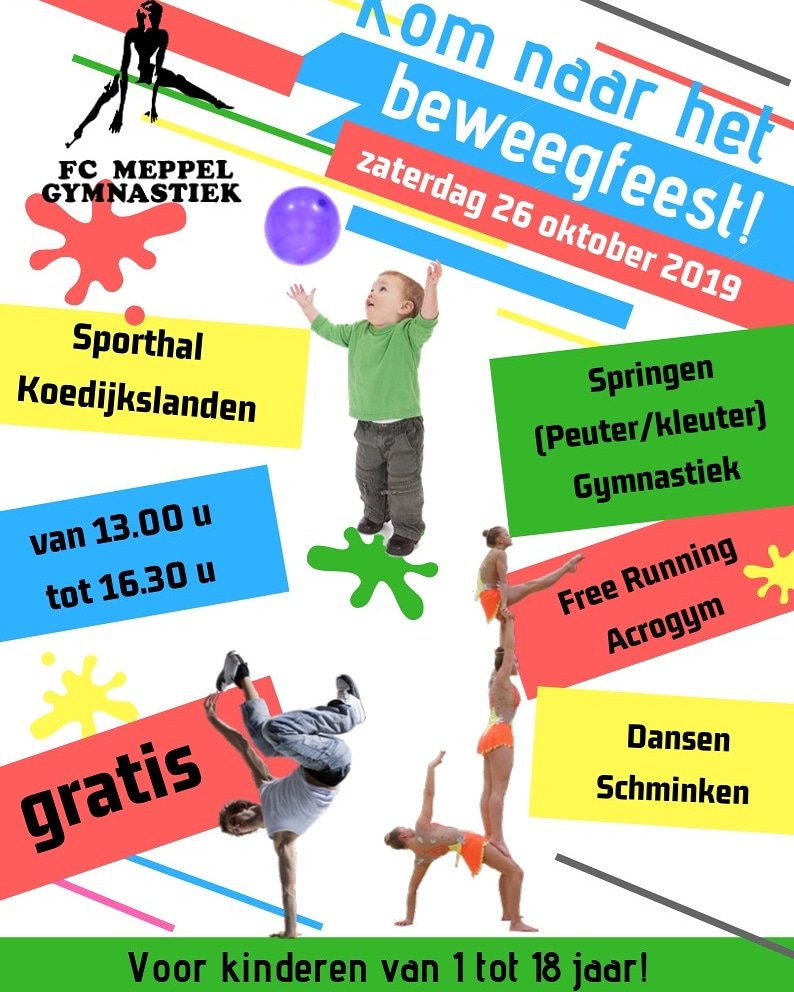 Morgen is het beweegfeest in Sporthal Koedijkslanden.  Entree is gratis en je kunt mee doen #freerunning #gymnastiek #acrogym en nog veel meer! Jij komt toch ook? <a href="/DutchGymnastics/">Dutch Gymnastics</a> <a href="/GemeenteMeppel/">Gemeente Meppel</a>