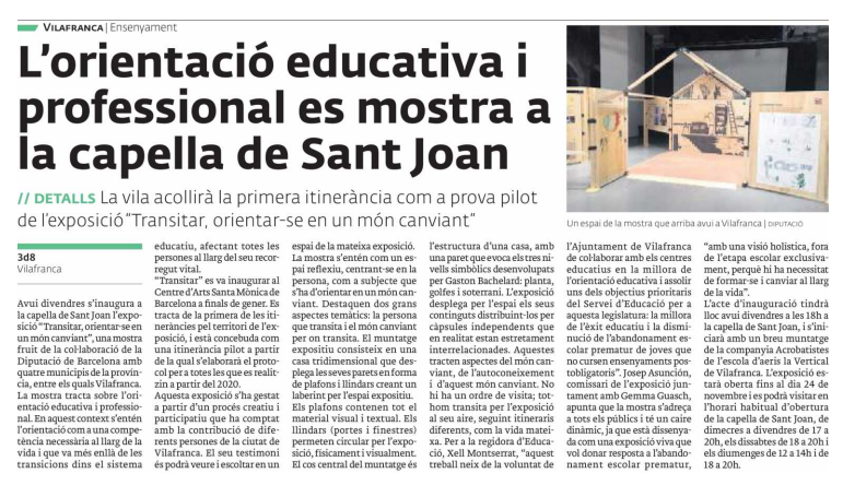 Aquesta tarda a les 6 s'inaugura a la Capella de Sant Joan de Vilafranca del Penedès l'exposició de la <a href="/diba/">Diputació de Barcelona</a> "Transitar, orientar-se en un món canviant" en la primera itinerància de la mostra diba.cat/es/web/transit… <a href="/el3devuit/">el3devuit</a> <a href="/VilafrancaAj/">Ajuntament de Vilafranca del Penedès</a> <a href="/xellmontserrat/">Xell Montserrat</a> <a href="/planajordi/">Jordi Plana</a>