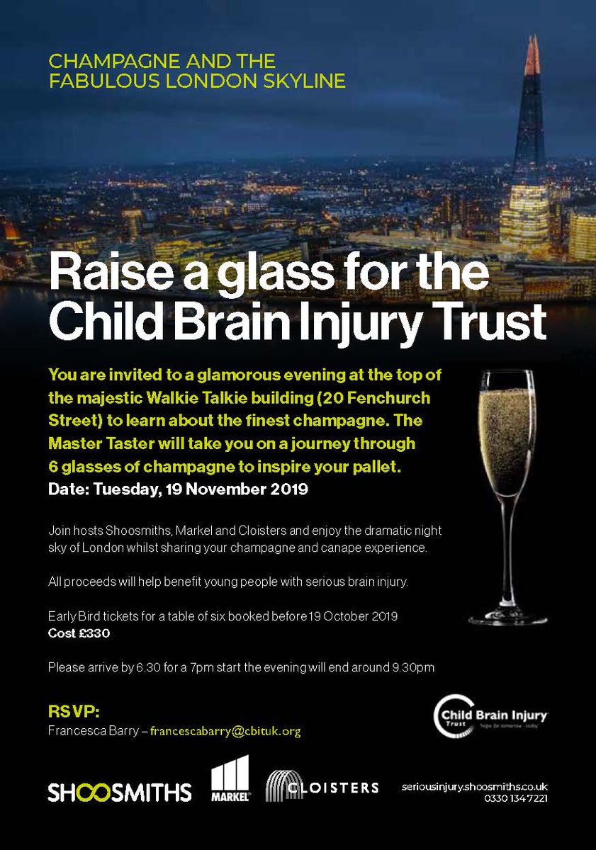Don't miss out on this incredible event for <a href="/cbituk/">Child Brain Injury Trust</a> kindly hosted by <a href="/MarkelUK/">Markel UK</a> <a href="/Shoosmiths/">Shoosmiths</a> <a href="/CloistersLaw/">Cloisters</a> 
🥂🥂🥂🥂🍾🍾🍾🍾
Tables are selling out fast so make sure you book asap!