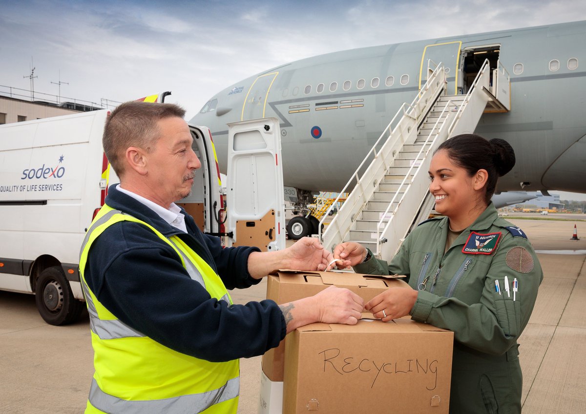 AirTanker's tweet photo. Let's talk about #recycling💚

Our first ever on-board recycling flight took place this week from @RAFAkrotiri to @RAFBrizeNorton. We are also encouraging all passengers to help us to change! Watch this space...♻️ 

@SodexoUK_IRE #FlyingGreener https://t.co/0cGFwjm2CY