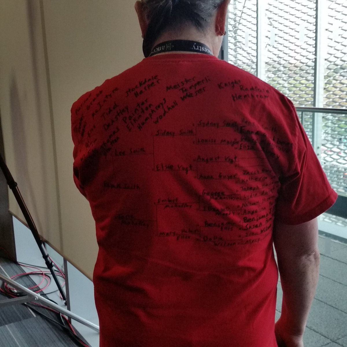 pennysresearch's tweet photo. This lady from Oregon has the coolest shirt! It has a chart on it!  #RootsTechLondon #NotAtRootsTechLondon #Genealogy https://t.co/LBNOa99Xgj