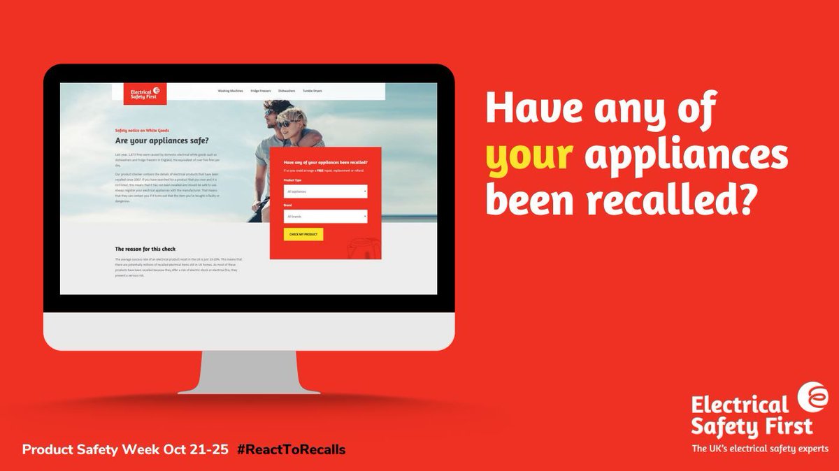 ElecSafetyFirst's tweet photo. We are supporting #ProductSafetyWeek this week. Do you know if your home appliances are safe from recalls? Find out here: https://t.co/u2djQydiHk
#ReactToRecalls https://t.co/XJ9mFtCwcZ