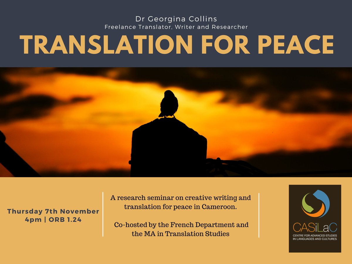 CACSSS - Research (@cacsssresearch1) on Twitter photo Translation for Peace
Dr Georgina Collins, Freelance Translator, Writer & Researcher
<a href="/UCCFrench/">UCC French</a> Department, <a href="/CASiLaC_UCC/">CASiLaC_UCC</a>
Thursday 7th November, 4pm
CASiLaC seminar room, 1.24, O'Rahilly Building
<a href="/CACSSS1/">UCC Arts, Celtic Studies and Social Sciences</a> #UCCResearch Translation for Peace
Dr Georgina Collins, Freelance Translator, Writer & Researcher
<a href="/UCCFrench/">UCC French</a> Department, <a href="/CASiLaC_UCC/">CASiLaC_UCC</a>
Thursday 7th November, 4pm
CASiLaC seminar room, 1.24, O'Rahilly Building
<a href="/CACSSS1/">UCC Arts, Celtic Studies and Social Sciences</a> #UCCResearch