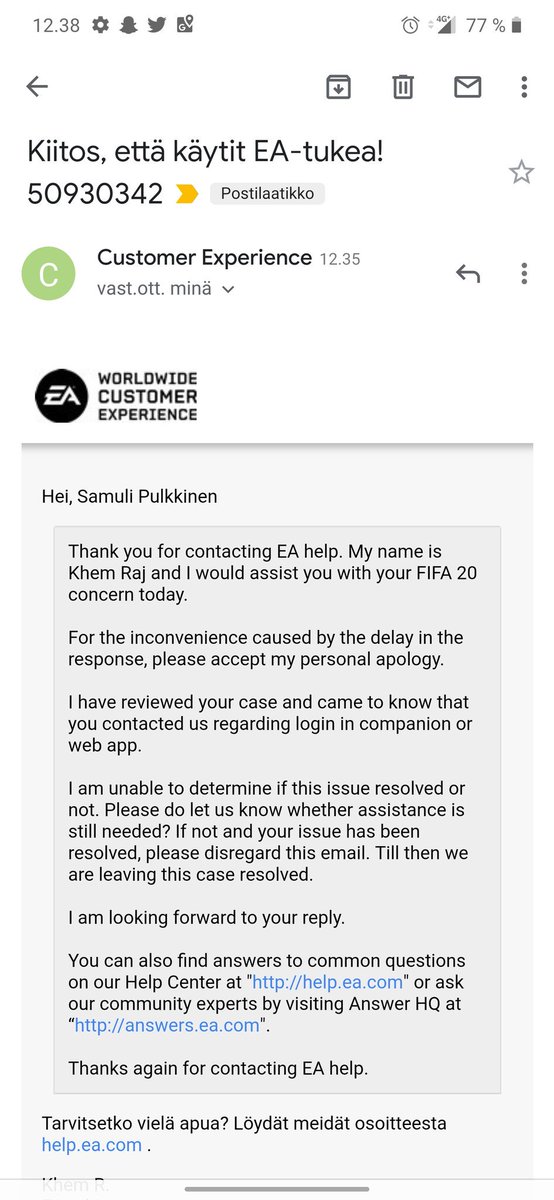 SamPe_YT's tweet photo. Hetken aikaa mietin, että onko joku menny mun käyttäjälle ea:n tukeen🤔 Sitten muistin että pistin sinne viestiä fifan early accessin aikaan😂 https://t.co/8B0e6fCoRg