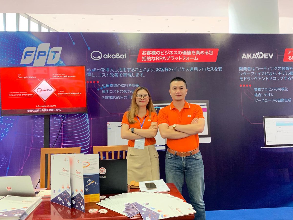 fpt_software's tweet photo. Earlier this week, #FPT attended Japan ICT Day 2019 to discuss #DX and how it can flip the switch on productivity. Delighted to see lots of interest in our solutions #akaDev #akaBot which help to automate manufacturing processes and back-office operations https://t.co/IexOjGASlG https://t.co/0ImKGg4G2Q