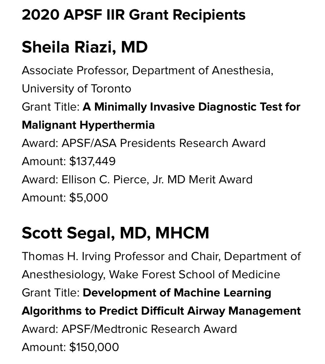 Congratulations to the newly announced 2020 APSF IIR Grant Recipients, Sheila Riazi, MD, and Scott Segal, MD, MCHM! Thank you for your commitment to #patientsafety research! #ptsafety @SheilaRT51 #anesthesia apsf.org/grants-and-awa…