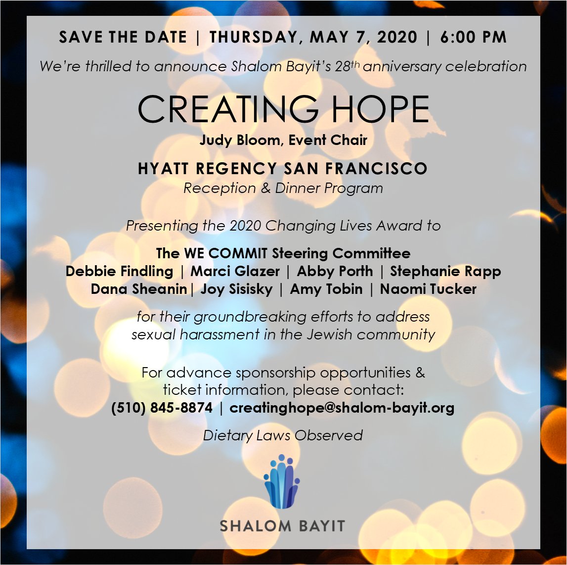 Save the date for AFG member @ShalomBayitOrg 's 28th anniversary celebration! 5.7.20 Email creatinghope@shalom-bayit.org for more information or to sponsor.