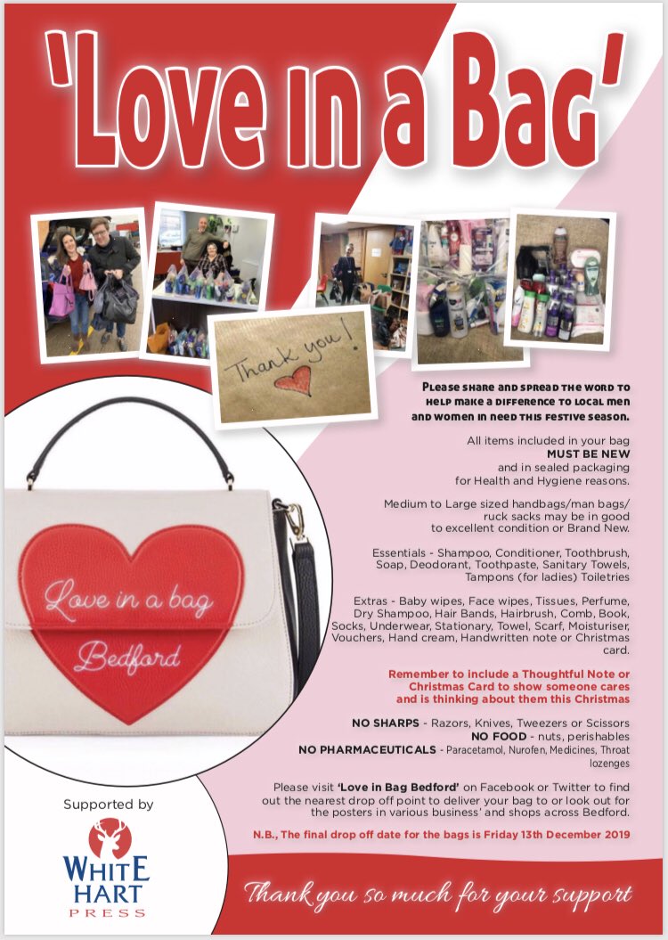 LoveinaBagBedf1's tweet photo. Thank you @WhiteHartPress for creating and donating these wonderful posters/flyers. I will endeavour to get them to all Drop Off Points over the next week. If you are not a Drop Off Point bit are happy to display a poster in your work place then please let me know ❤️🎄#friyay https://t.co/qMokzmNdat