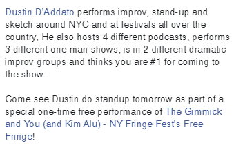 GimmickAndYou's tweet image. Meet tomorrow's guests! One time performance of the Gimmick and You this Saturday, 10/26 at 3:30 PM as part of @FringeNYC's Free Fringe at Under St. Marks!

Reserve your free spot: frigid.nyc/events/the-gim…

#FringeNYC #FreeFringe #BYOV