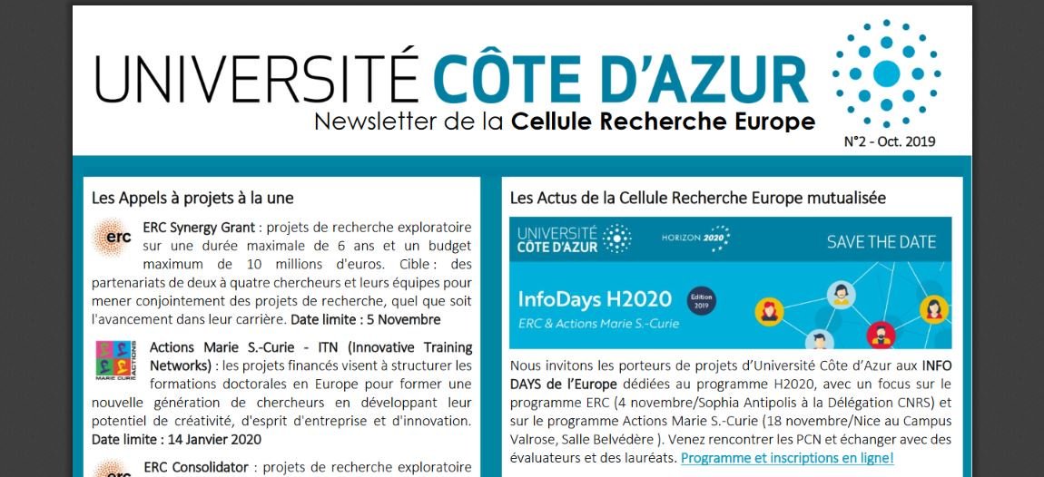 i_am_europe_'s tweet photo. 📩Newsletter N°2 de la Cellule Recherche Europe! @uca_research @CNRS_DR20 @inria_sophia @CHUdeNice @SKEMA_BS @ObsCoteAzur #recherche #innovation #H2020 #ANR #ResearchEU
Bonne lecture!
➡️https://t.co/Wymo18gDoL https://t.co/V8r3k10Y32