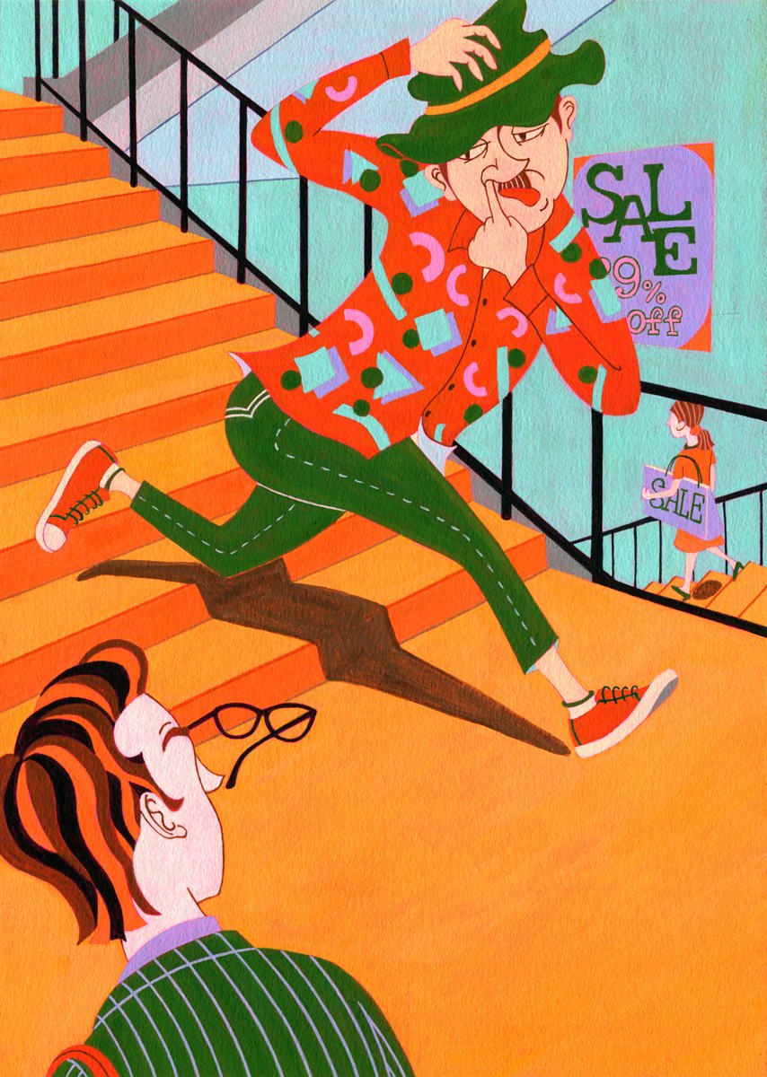 Hilo Tomula デパートの階段を駆け下りる人からじーっと見られた瞬間 スローモーションのように鼻をほじってました 鼻血は出なかったのだろうか イラスト Illustration Humor Vintage Art アート ビンテージ メガネ セール Sale Painting 階段