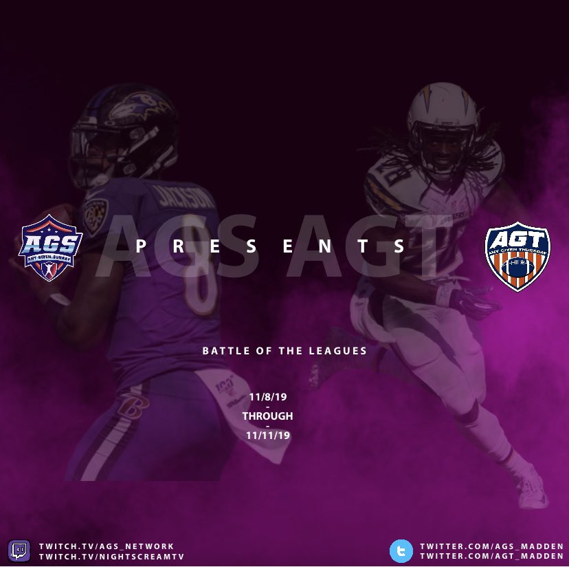 Slasher4P's tweet image. TUNE IN NOV. 8th-11th “ Battle of the leagues “ @AGS_Madden vs @AGT_Madden Great head to head matchups with Commentary by @NightScreamTV . Tune in &amp;amp; Subscribe to Twitch.tv/AGS_network

@EAMaddenNFL @SportsGamersNow @BettingSn @MaddenGamer0 @EA @NFLfootballinfo #CFMFOOTBALL