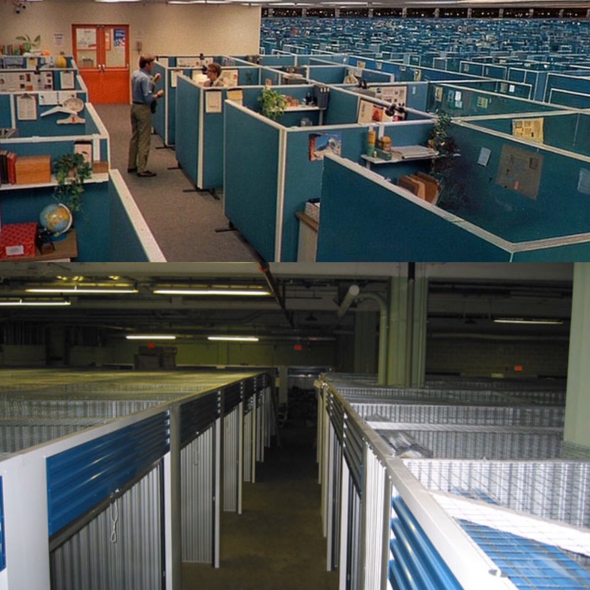 StorageDefender's tweet photo. What do the Office Cubicle Farms of the 80’s / 90’s have in common with a vast majority of newly built indoor self-storage facilities? They both utilize modular partitions in open interior spaces, lack privacy from nosy neighbors, and are vulnerable to theft.
#NeedPeaceOfMind  ? https://t.co/fa4fU5CW02