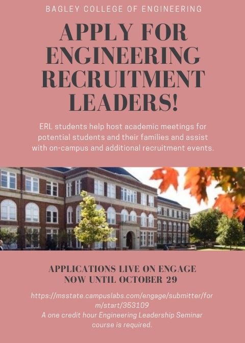 The Engineering Recruitment Leaders are accepting applications for new members. But hurry... the deadline is Oct. 29. #WeRingTrue #HailState 

bagley.msstate.edu/news/engineeri…