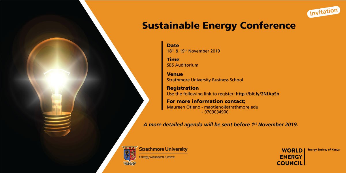 eskkenya's tweet image. The Energy Society of Kenya which is the Kenyan Chapter of the World Energy Council finally officially launches. Join us in the #sustainableenergyconference on the 19th and 20th November at Strathmore University @strath_su. 
Register here: forms.gle/wuvfkwH1kdMDwW…
