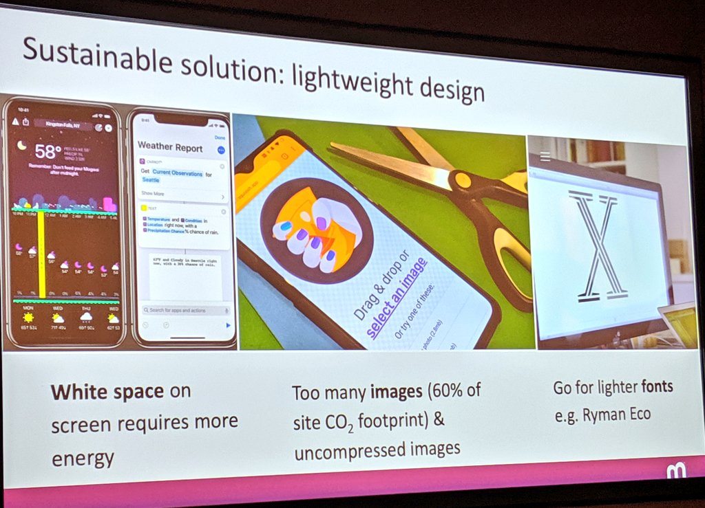hazel_ho's tweet photo. Also learned there're many ways to make your website #ecofriendly:
-less white space (#darkmode)
-good UX (so users spend less time on tasks = less data)
-reduce popups, videos, high res images

You can also use @eatwholegrain to check your #websitecarbon! #SDFF2019 @MilaKayukala https://t.co/VXRQsy4q8O