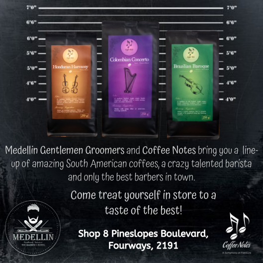 coffeenotes_sa's tweet photo. Visit us at Medellin Gentlemen Grooming for an unforgettable coffee and grooming experience! find us at Pineslopes Boulevard, Fourways this weekend. #barbershop #pineslopes #fourways #coffeetasting #coffeetastings #barbercartel #mvrck #bestbarbers #coffeenotes https://t.co/fX4tOYZD1h