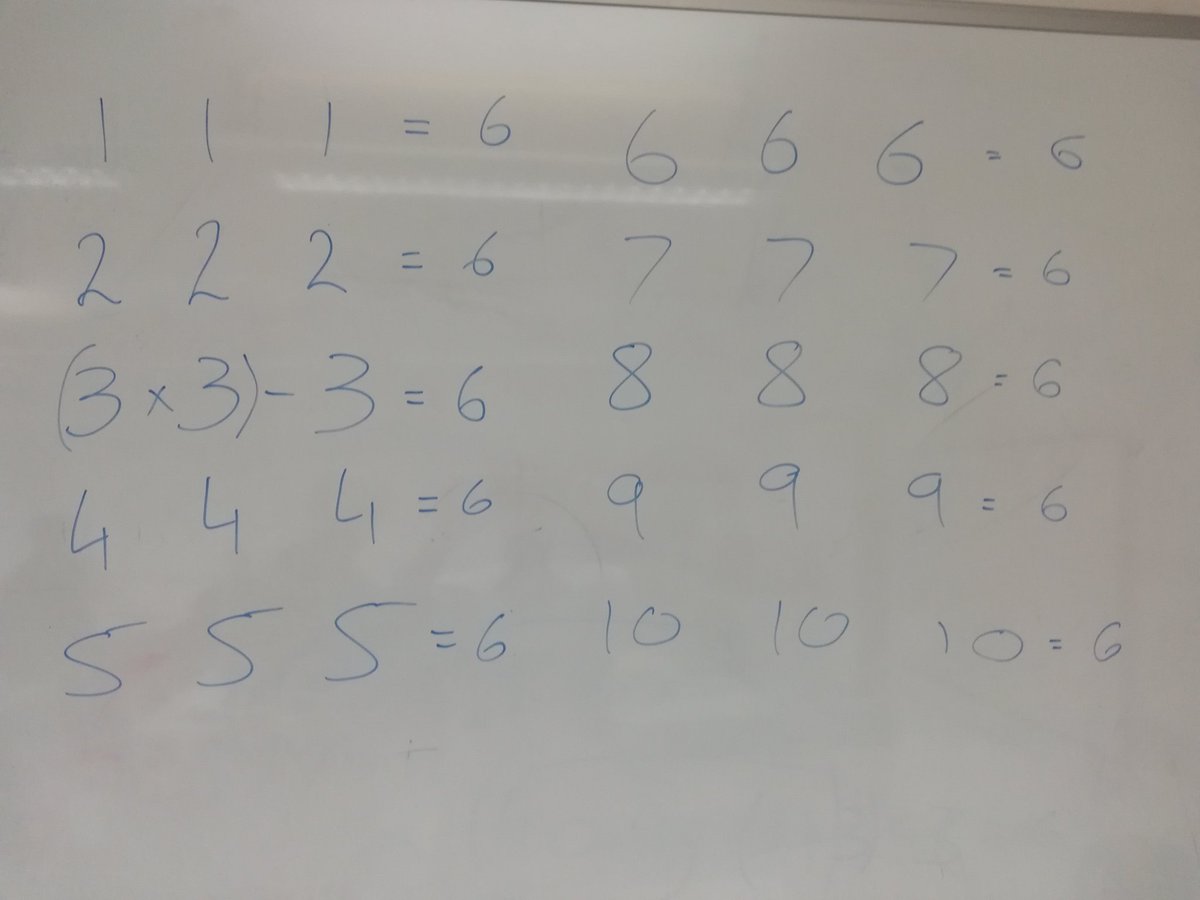 BryanstonMaths's tweet photo. Using standard mathematical operations and the same number three times can you make a calculation with an answer of 6? Thanks to Arthur D for this one. https://t.co/lhW863iKdc