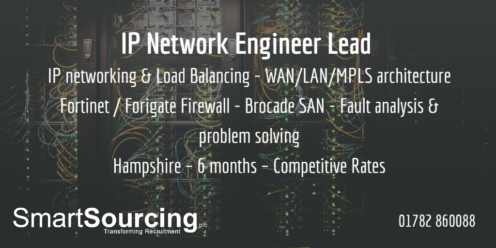 SmartSourcingUK's tweet photo. New #Job - IP Network Engineer Lead
#IP networking & #LoadBalancing - #WAN / #LAN / #MPLS architecture
#Fortinet / #Forigate #Firewall - #Brocade SAN - Fault analysis & problem solving
#Hampshire – 6 months – Competitive Rates
Call us or apply here https://t.co/eBzD6Km9aj https://t.co/zv1JWV3NVT